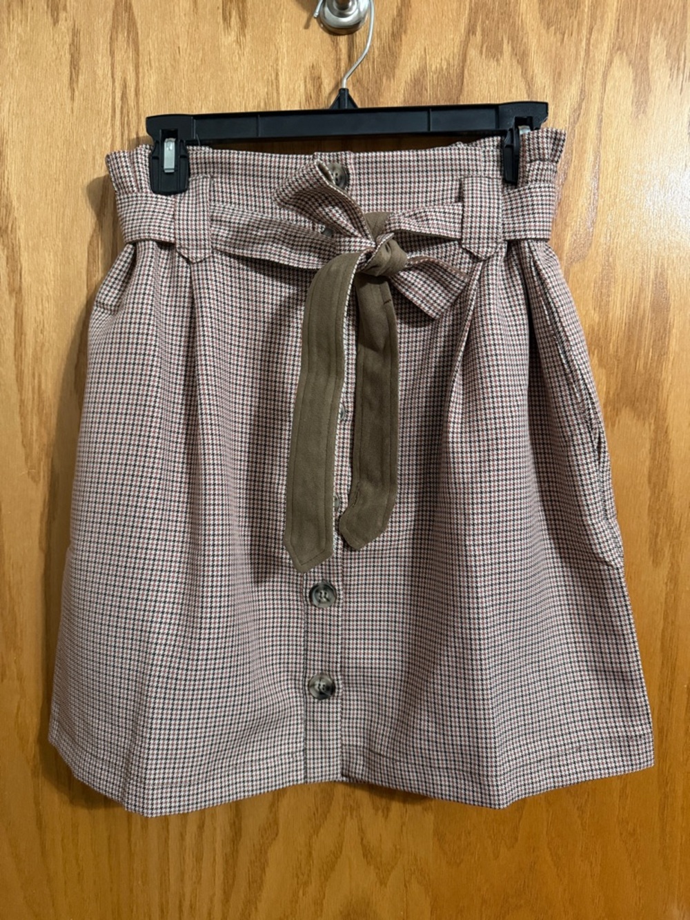 Hem & Thread High-Waist Paperbag A-Line Skirt with Tie Belt - Brown Check